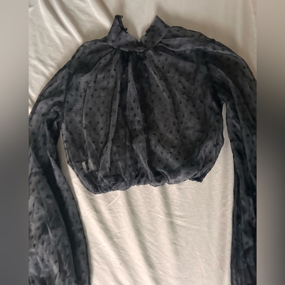 Cropped Mesh Puff Sleeve Polka Dot Top - Picture 3 of 5